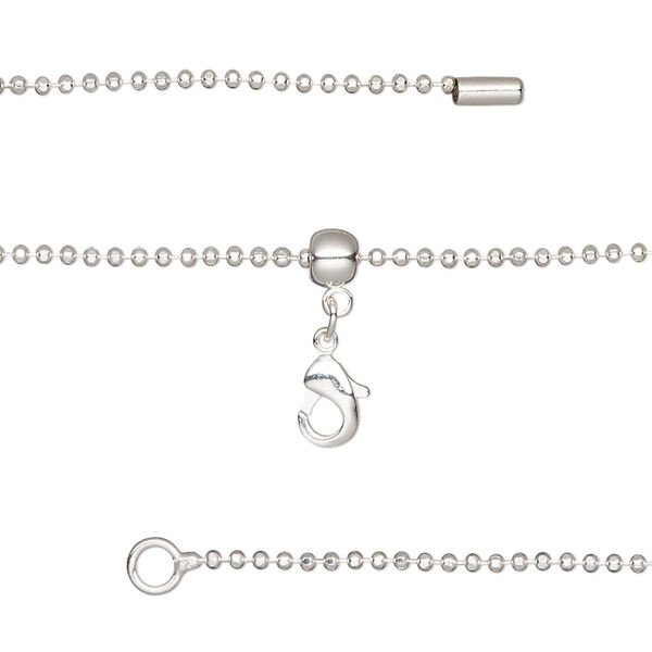 Chain, silicone and silver-plated brass, 1.3mm faceted ball, adjustable from 16 to 23-1/2 inches with lobster claw clasp and adjustable slider bead. Sold individually. image number 0