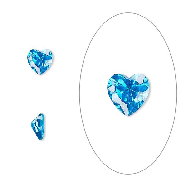 Gem, cubic zirconia, zircon blue, 6mm faceted heart, Mohs hardness 8-1/2. Sold per pkg of 2. image number 0
