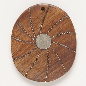 Focal, copper and wood (dyed), pkg/1, 48x38mm-49x41mm top-drilled flat oval with twisted wire inlay and flat back, antique silver finish.