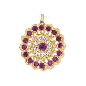 Pendant, glass rhinestone and gold-finished "pewter" (zinc-based alloy), clear and purple, 23mm round. Sold individually.