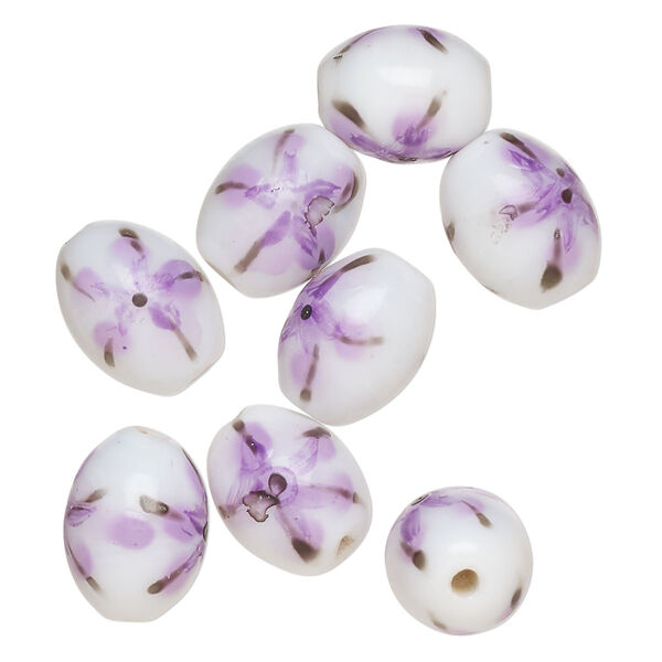 Bead, lampworked glass, opaque white / black / purple, 14x11mm-13x10mm oval with painted flower design. Sold per pkg of 8. image number 0