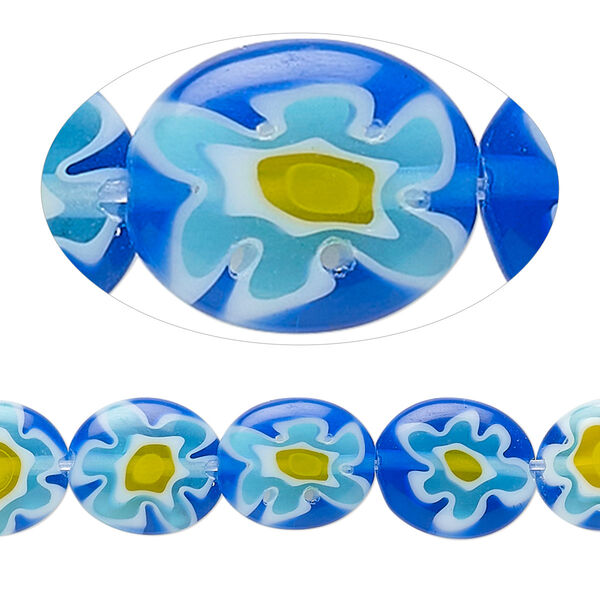 Bead, millefiori glass, translucent cobalt blue and multicolored, 11x9mm-12x10mm puffed oval. Sold per 14-inch strand. image number 0