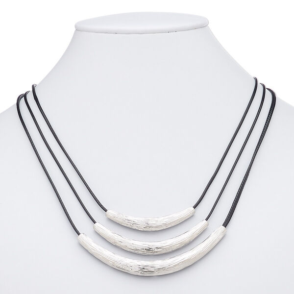 Necklace, 3-strand, waxed cotton cord with imitation rhodium-plated brass and "pewter" (zinc-based alloy), black, 2 x 1/4 to 3-1/4 x 1/4 inch graduated curved tube, 16 inches with 3-inch extender chain and lobster claw clasp. Sold individually. image number 0