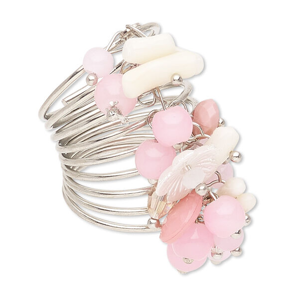 Ring, bamboo coral (bleached) / acrylic / glass / imitation rhodium-finished steel, white and pink, 30mm wide with flower, size 7-1/2. Sold individually. image number 0
