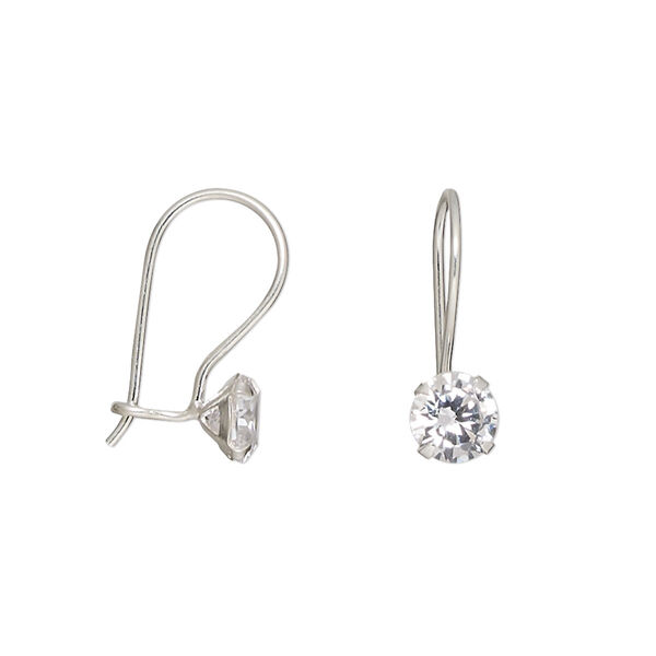 Earring, cubic zirconia and sterling silver, clear, 18x6mm with 6mm round and fishhook ear wire. Sold per pair. image number 0