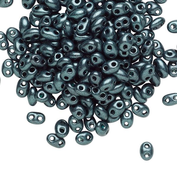 Seed bead, Preciosa Twin™ Czech glass, pkg/10g, 5x2.5mm oval, opaque emerald terra pearl black, (28958). image number 0