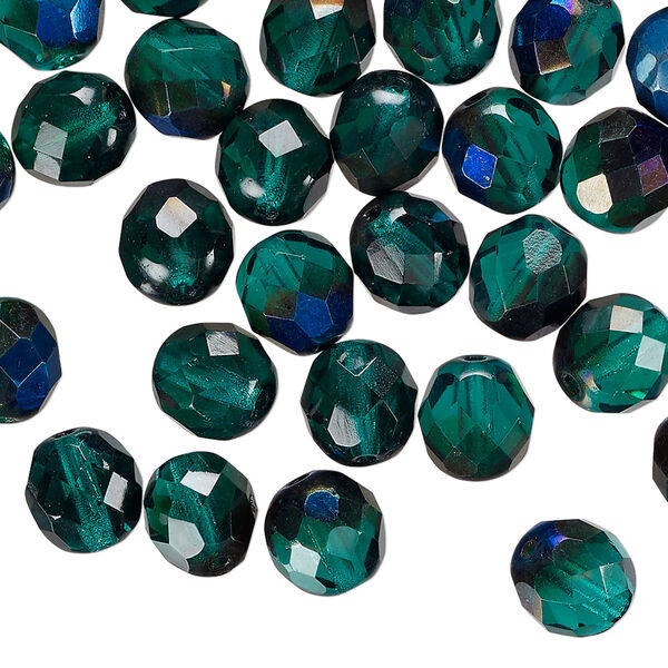 Bead 1pkg50 Czech fire-polished glass, green blue iris, 8mm faceted round. image number 0
