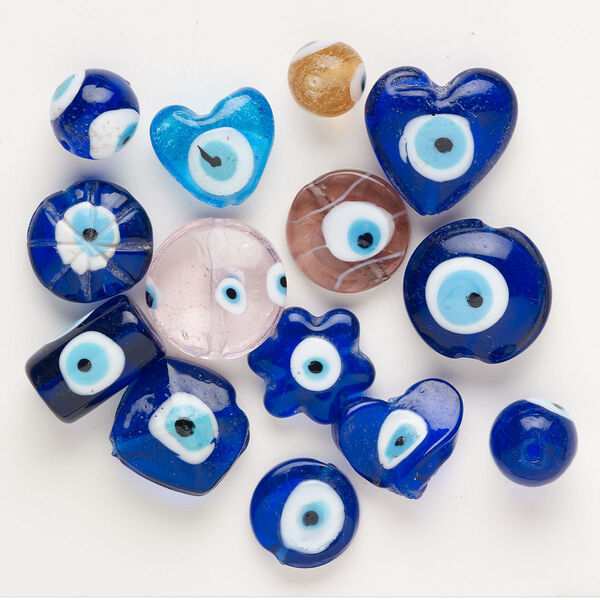 Bead mix, lampworked glass, translucent multicolored, 15mm-32x31mm mixed shapes with wards-off-the-evil-eye-design. Sold per 4-ounce pkg, approximately 10 beads. image number 0