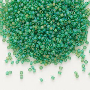 Seed bead, Delica®, glass, pkg/250g, #11 round, translucent matte rainbow green (DB-0858).