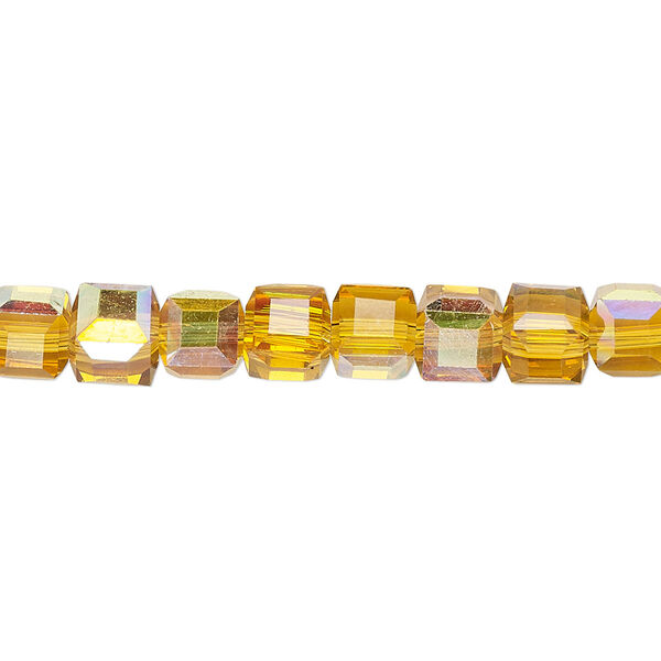 Bead 1pk 18 facets translucent gold AB, Celestial Crystal® 6mm cube 15.5-16 inch image number 0
