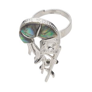 Ring 1pkg1 brass / paua shell / glass rhinestone, 38x19mm shrimp, natural silver finish/ black