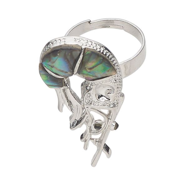 Ring 1pkg1 brass / paua shell / glass rhinestone, 38x19mm shrimp, natural silver finish/ black image number 0