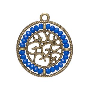 Drop, glass and antique brass-finished "pewter" (zinc-based alloy), cobalt blue, 28mm round with hearts and beaded border. Sold per pkg of 2.
