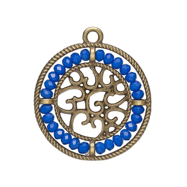 Drop, glass and antique brass-finished "pewter" (zinc-based alloy), cobalt blue, 28mm round with hearts and beaded border. Sold per pkg of 2. image number 0