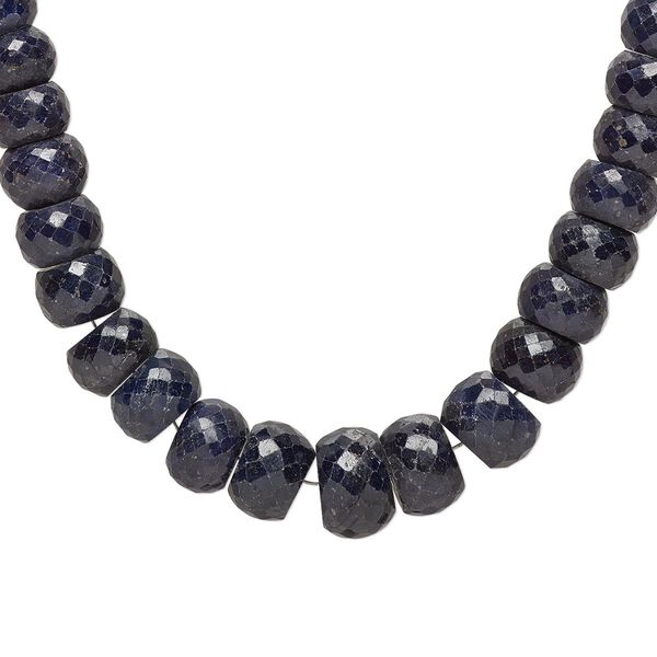Bead, blue sapphire (dyed), dark blue, 12x9mm-19x12mm graduated hand-cut faceted rondelle, C grade, Mohs hardness 9. Sold per 15-1/2" to 16" strand. image number 0
