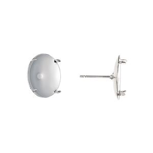 Earstud 1pkg10 silver-plated, 14mm round / 13mm round 4-prong setting, steel / stainless steel 5 pair