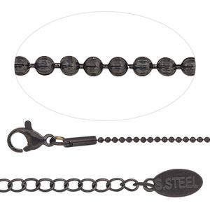 Chain 1pkg1 ball, 1.2mm / lobster claw clasp, black-finished stainless steel 16 inch