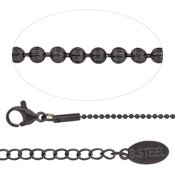 Chain, black-finished stainless steel, 1.2mm ball, 16 inches with 2-inch extender chain and lobster claw clasp. Sold individually. image number 0