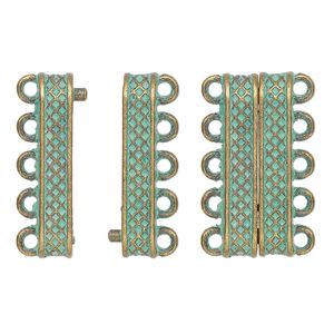 Clasp magnetic 1pkg1 brass-plated / patina "pewter" (zinc alloy), 24.5x9mm rectangle, green antique 5-strand