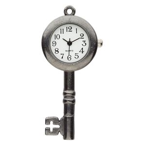 Watch face, stainless steel and gunmetal-plated "pewter" (zinc-based alloy), white and black, 50x25mm single-sided skeleton key. Sold individually.