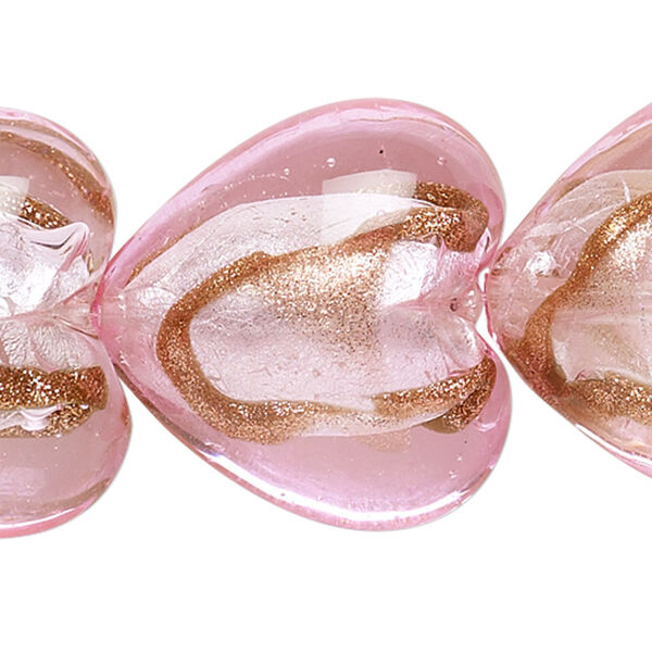 Bead, lampworked glass, pink and bronze with silver-colored foil, 28x28mm puffed heart. Sold per pkg of 4. image number 0