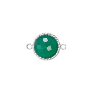 Link, green onyx (dyed) and sterling silver, 14-16mm hand-cut double-sided faceted round with twisted wire design. Sold individually.