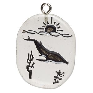 Focal 1pkg1 glass / enamel / steel, 26x20-38x31mm single-sided freeform oval / dolphin / sun / waves / plants, transparent / silver finish