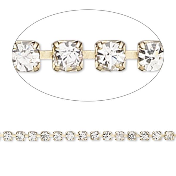 Cupchain, glass rhinestone and gold-finished brass, clear, 2mm round. Sold per pkg of 1 meter, approximately 320 cups. image number 0