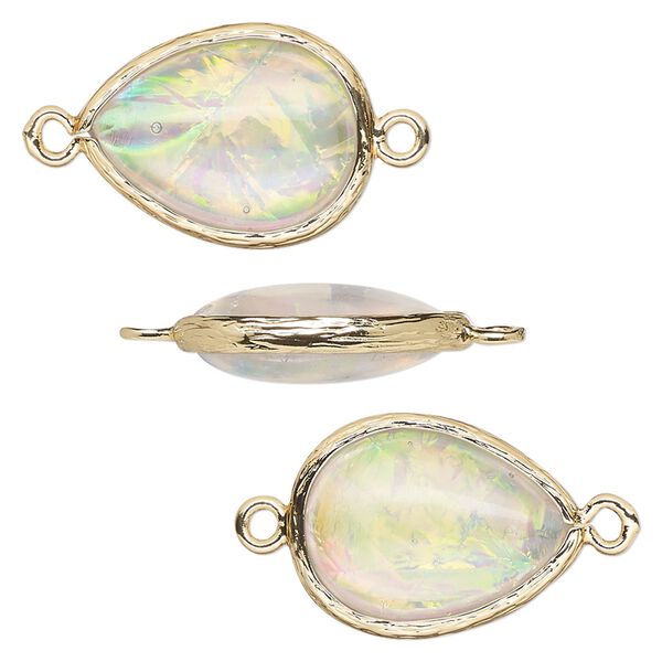 Link, Opalized Ice™, "opal" (resin) and gold-finished brass, white, 19.5x15mm double-sided teardrop. Sold per pkg of 4. image number 0