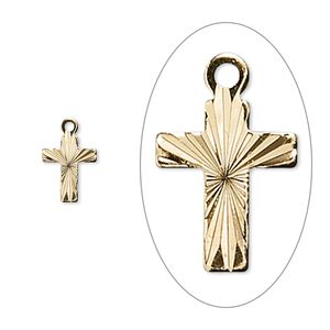 Drop, gold-plated brass, 9x7mm diamond-cut cross. Sold per pkg of 100.
