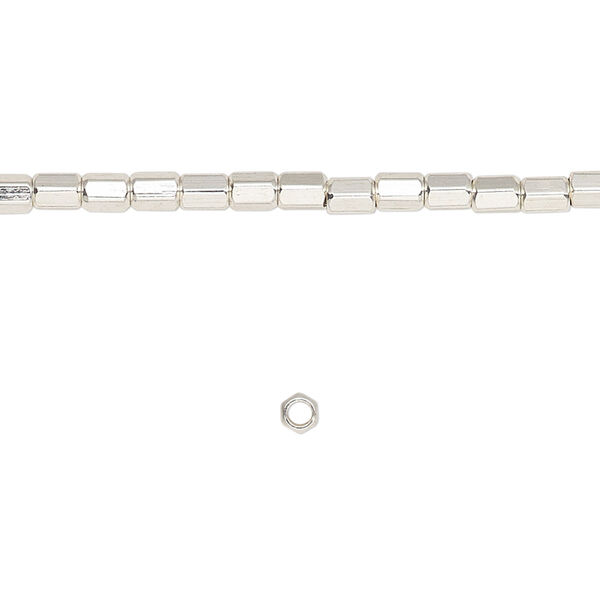 Bead, silver-finished brass, 4x3mm hexagon tube. Sold per 8-inch strand. image number 0
