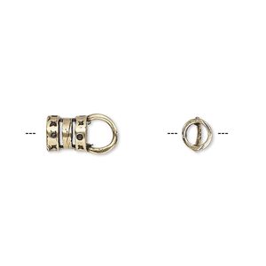 Crimp end, antique brass, 6.5x6mm tube with loop, 3.8mm inside diameter. Sold per pkg of 2.