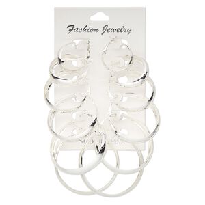Earring, silver-plated steel, 24-51mm round hoop with hinged closure. Sold per pkg of 6 pairs.