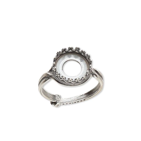 Ring, JBB Findings, antique silver-plated brass, 12mm round with 10mm round bezel setting, adjustable from size 6-8. Sold individually. image number 0