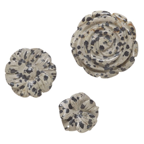 Dalmatian jasper 1pkg3, top-drilled carved flower drop natural, mix 24x23mm-40x39mm dark image number 0