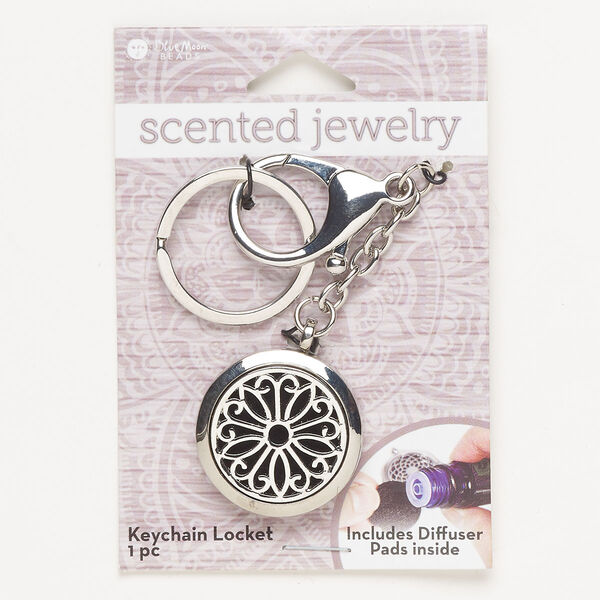 Keychain, silver-finished steel / brass / felt, 5x1-1/4 inch locket with split ring and lobster claw clasp. Sold individually. image number 0