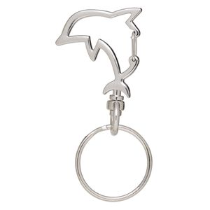 Key ring, imitation rhodium-finished brass and steel, 63.5x31mm overall with 30x29.5mm self-closing dolphin on a swivel and 25.5mm split ring. Sold per pkg of 5.