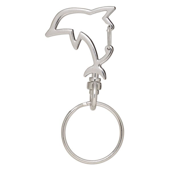 Key ring, imitation rhodium-finished brass and steel, 63.5x31mm overall with 30x29.5mm self-closing dolphin on a swivel and 25.5mm split ring. Sold per pkg of 5. image number 0
