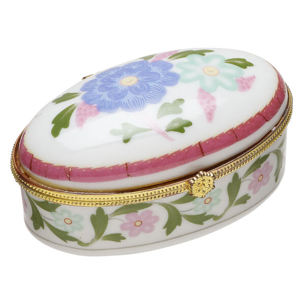 Trinket box 1pkg1, porcelain / gold-finished "pewter" (zinc alloy) / acrylic, white and multicolored, 3 x 1-3/4 x 1-1/2 inch hinged oval with flower and flower design decals. image number 0