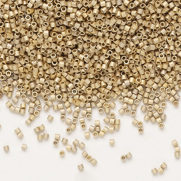 Seed bead, Delica®, glass, pkg/250g, #15 round, opaque 24Kt gold-plated matte light (DBS-0334). image number 0