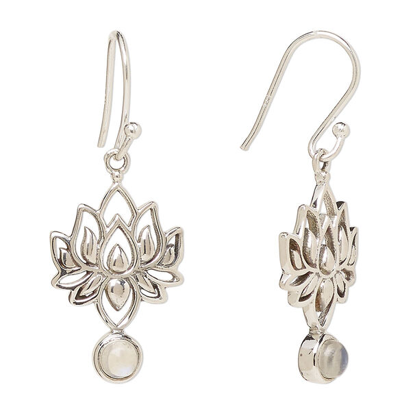 Ear wire, Create Compliments®, antiqued sterling silver and rainbow moonstone (natural), fishhook, 37.5mm with 22.5 x 14.5mm single-sided lotus, 21 gauge. Sold per pair. image number 0