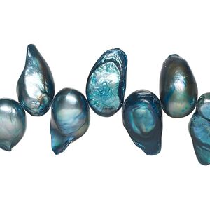 Pearl, cultured freshwater (dyed), bluegrass, 9x7mm-18x10mm baroque with 0.4mm hole, D grade, Mohs hardness 2-1/2 to 4. Sold per 15-inch strand.