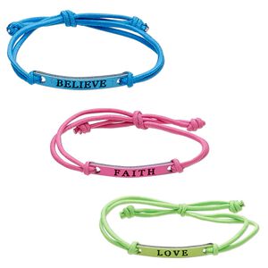 Bracelet, nylon and acrylic, neon blue / neon green / neon pink, 5mm wide with 37x5mm curved rectangle and "FAITH" / "LOVE" / "BELIEVE," adjustable from 6 to 7-1/2 inches with macramé knot closure. Sold per pkg of 3.