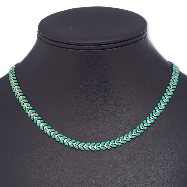 Necklace, epoxy and gold-plated brass, turquoise green, 6.5mm wide with wreath design, 18 inches with 2-inch extender chain and lobster claw clasp. Sold individually. image number 0