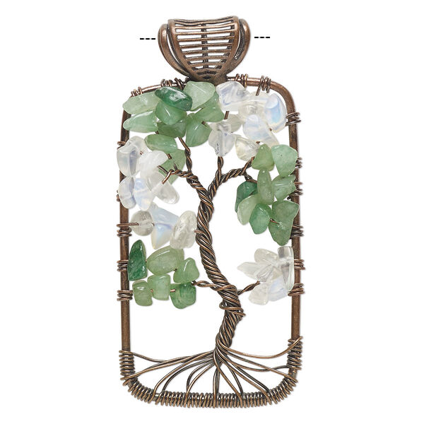 Pendant, antique copper-finished copper / green aventurine (natural) / sea ''opal'', white, 66x31mm single-sided open rectangle with tree of life design and 5x4.5mm bail. Sold individually. image number 0