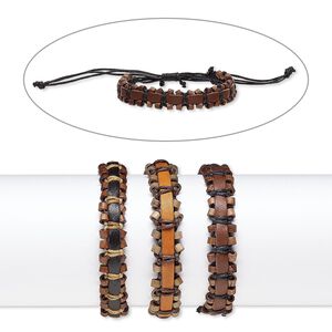 Bracelet mix, leather (dyed) / stained wood / waxed cotton cord, mixed colors, 13mm wide, adjustable from 6-9 inches with knot closure. Sold per pkg of 3.