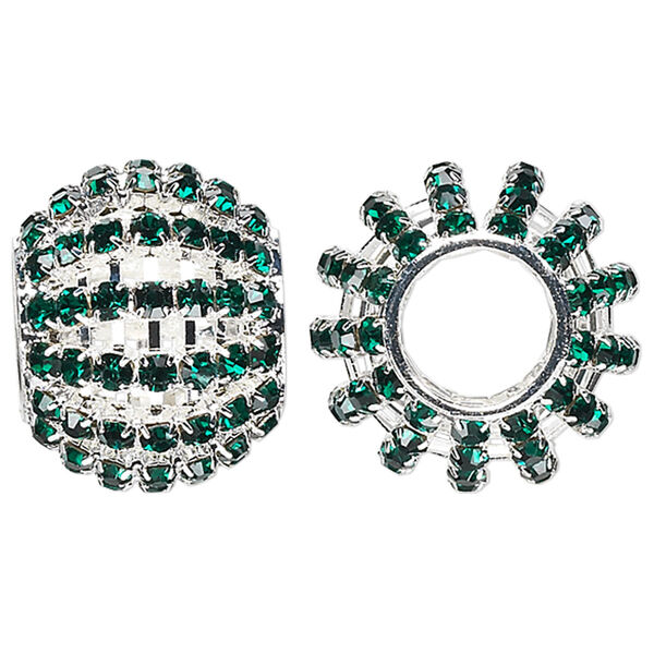 Bead, glass rhinestone and silver-finished brass, emerald green, 25x20mm barrel with 3mm chatons, 11.5mm hole. Sold individually. image number 0