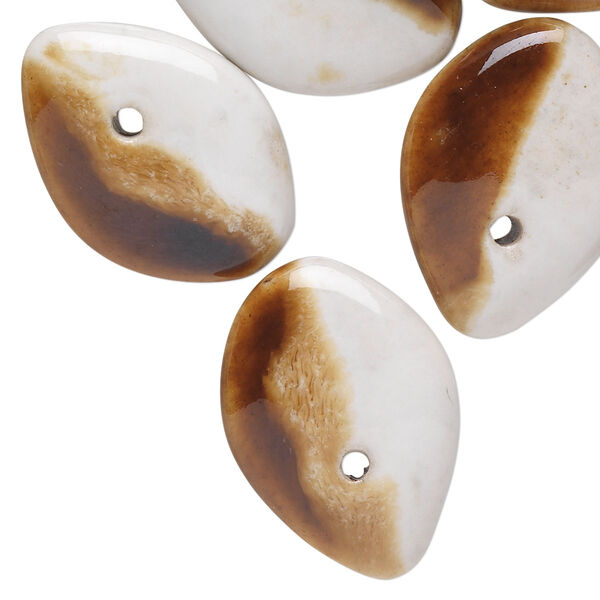 Bead, porcelain, white and brown, 25x18mm top-drilled flat teardrop. Sold per pkg of 10. image number 0