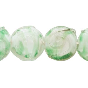 Bead, lampworked glass, translucent clear / green / white, 17x16mm flat round with swirl design. Sold per 8-inch strand, approximately 10 beads.