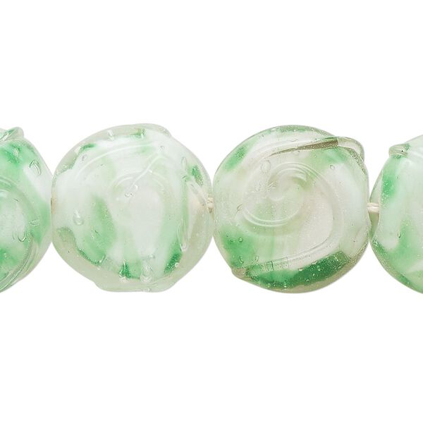 Bead, lampworked glass, translucent clear / green / white, 17x16mm flat round with swirl design. Sold per 8-inch strand, approximately 10 beads. image number 0